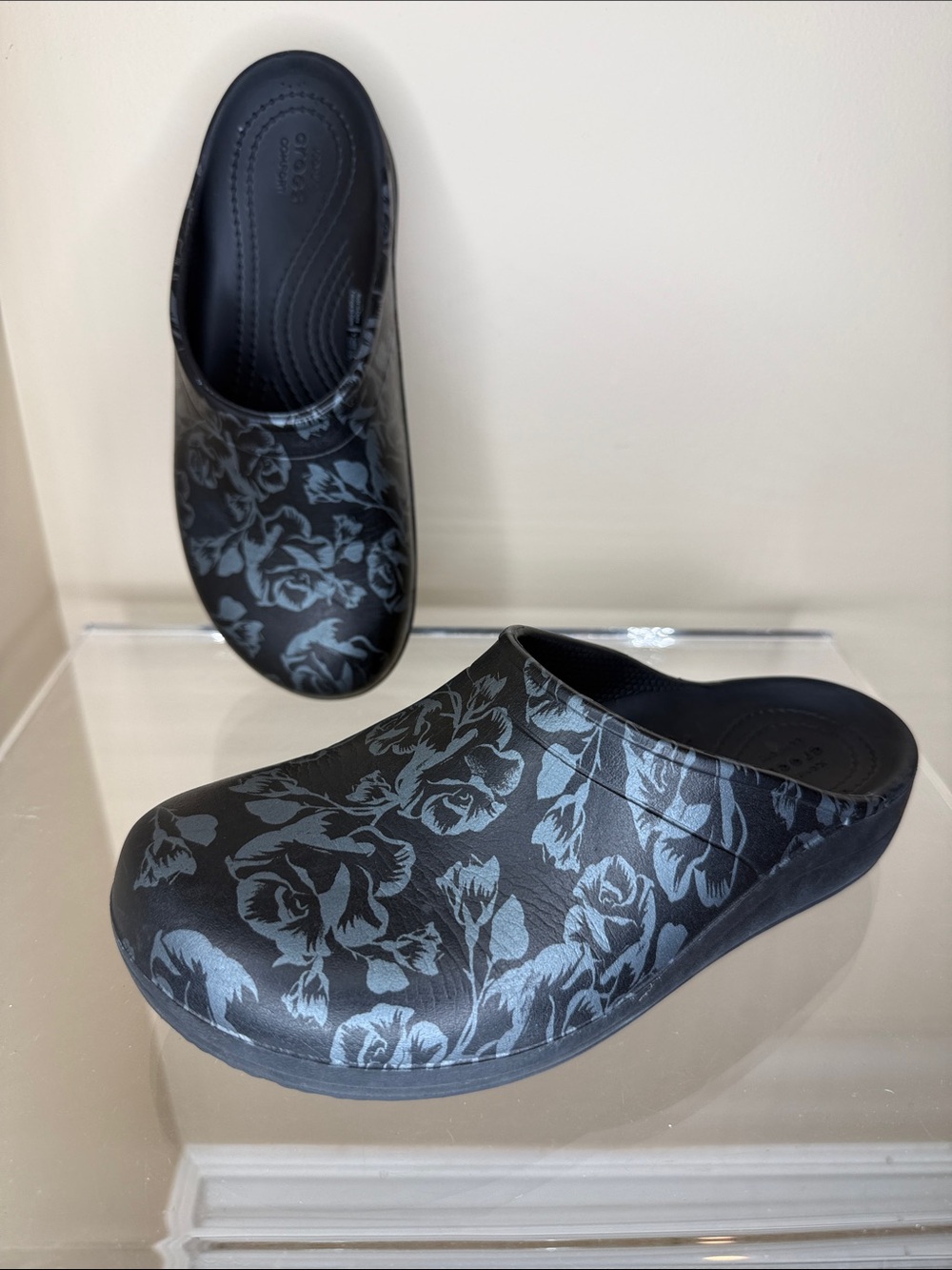 CROCS Women's Black Clog with Gray Floral Print